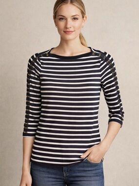 Ralph Lauren Navy & White Striped Long Sleeve Top with Gold Grommets
